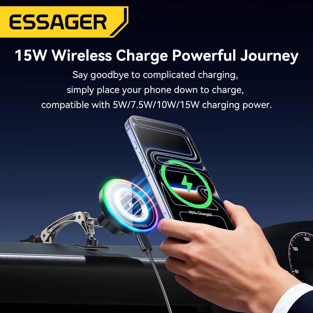 Essager 15W Magnetic Wireless Charger 360° Rotation  Dashboard Vacuum Suction Car Phone Holder Car Mount for iPhone 17 16 15 14