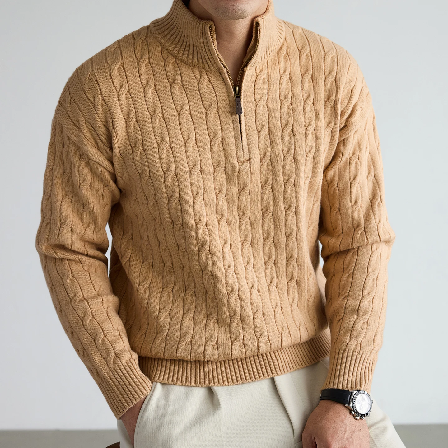 High quality fashion jacquard sweater men's winter thick new classic solid color comfortable warm zipper collar knitted pullover