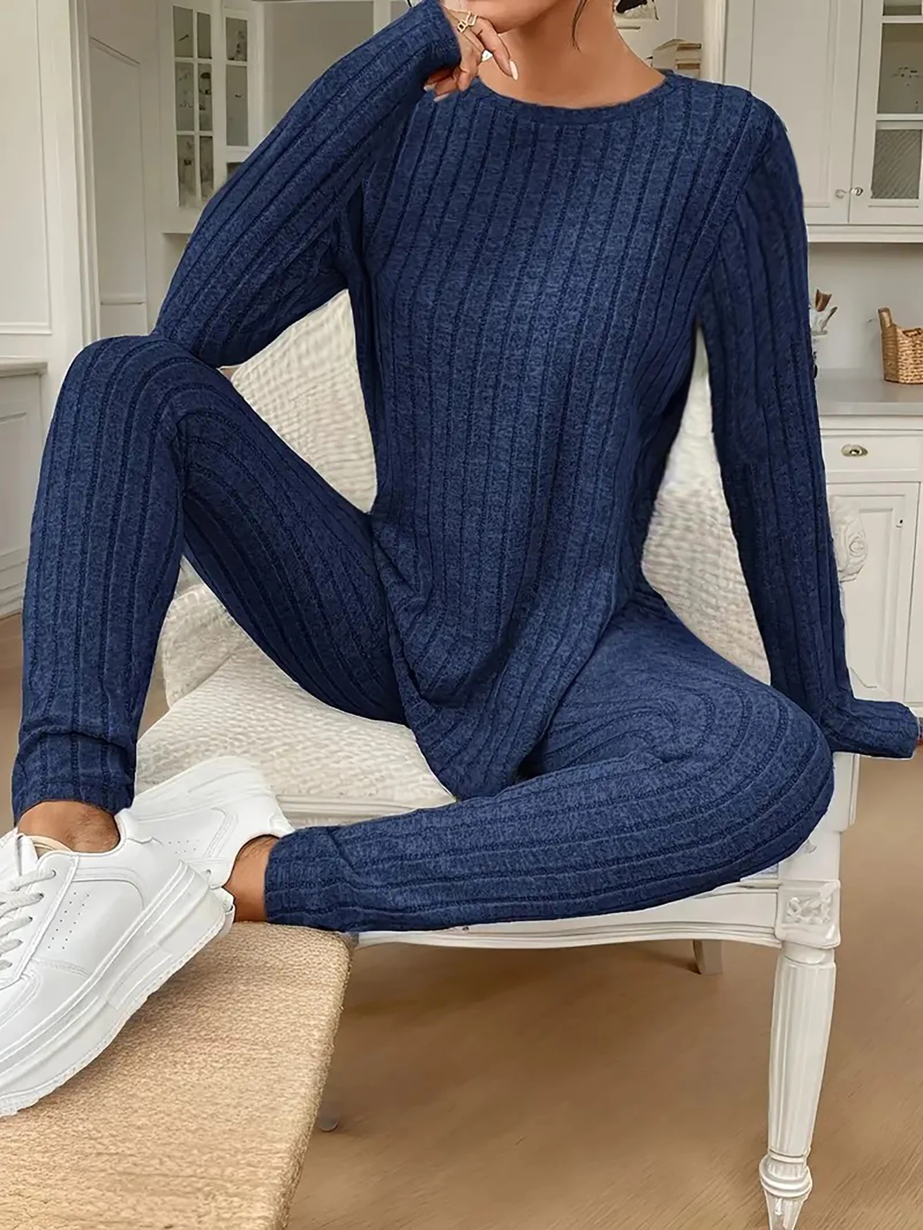Damen-Pyjamas für Herbst und Winter, schlichte Unifarben, lässig und bequem, schmale Passform, modische langärmelige lange Hose, Ca – Detail 3