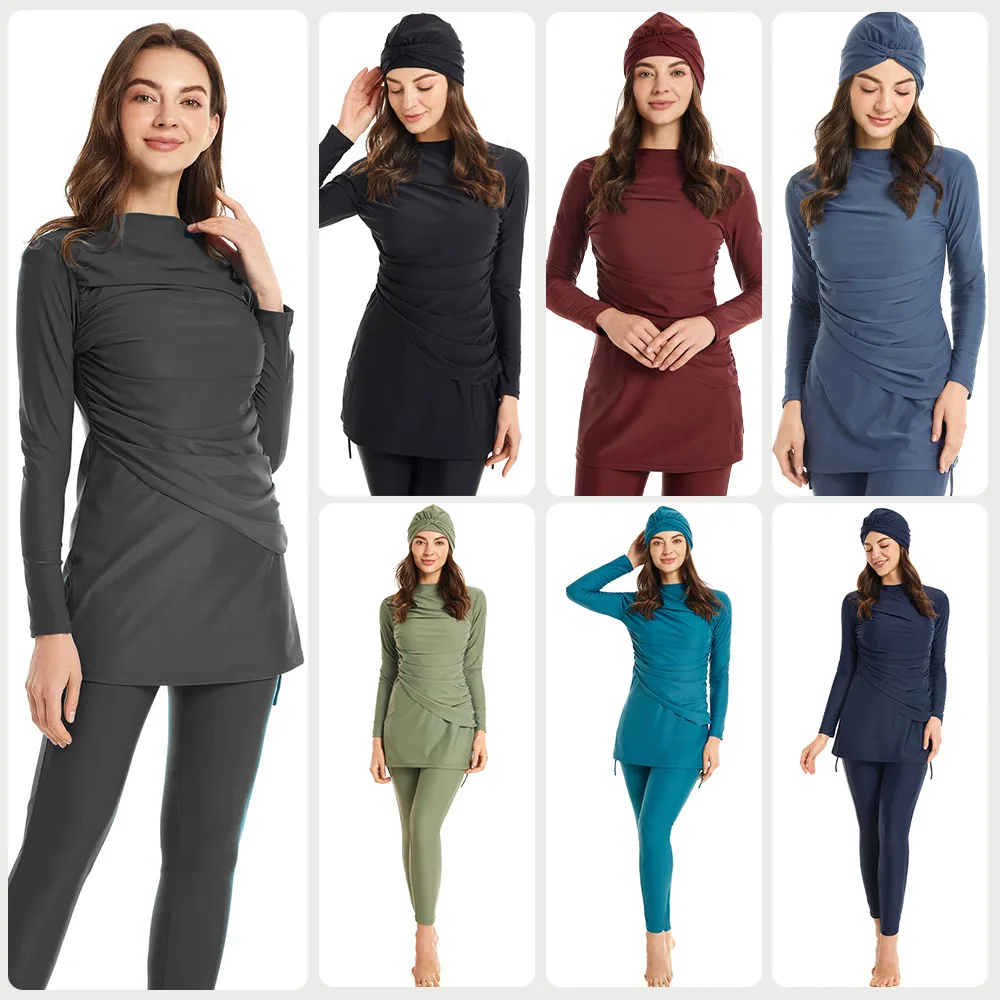 

2026 New Women Autumn Pure Color Swimsuit Three Piece Long Sleeve Sun Protection Top Skirt Hem Tight Long Pants Headscarf