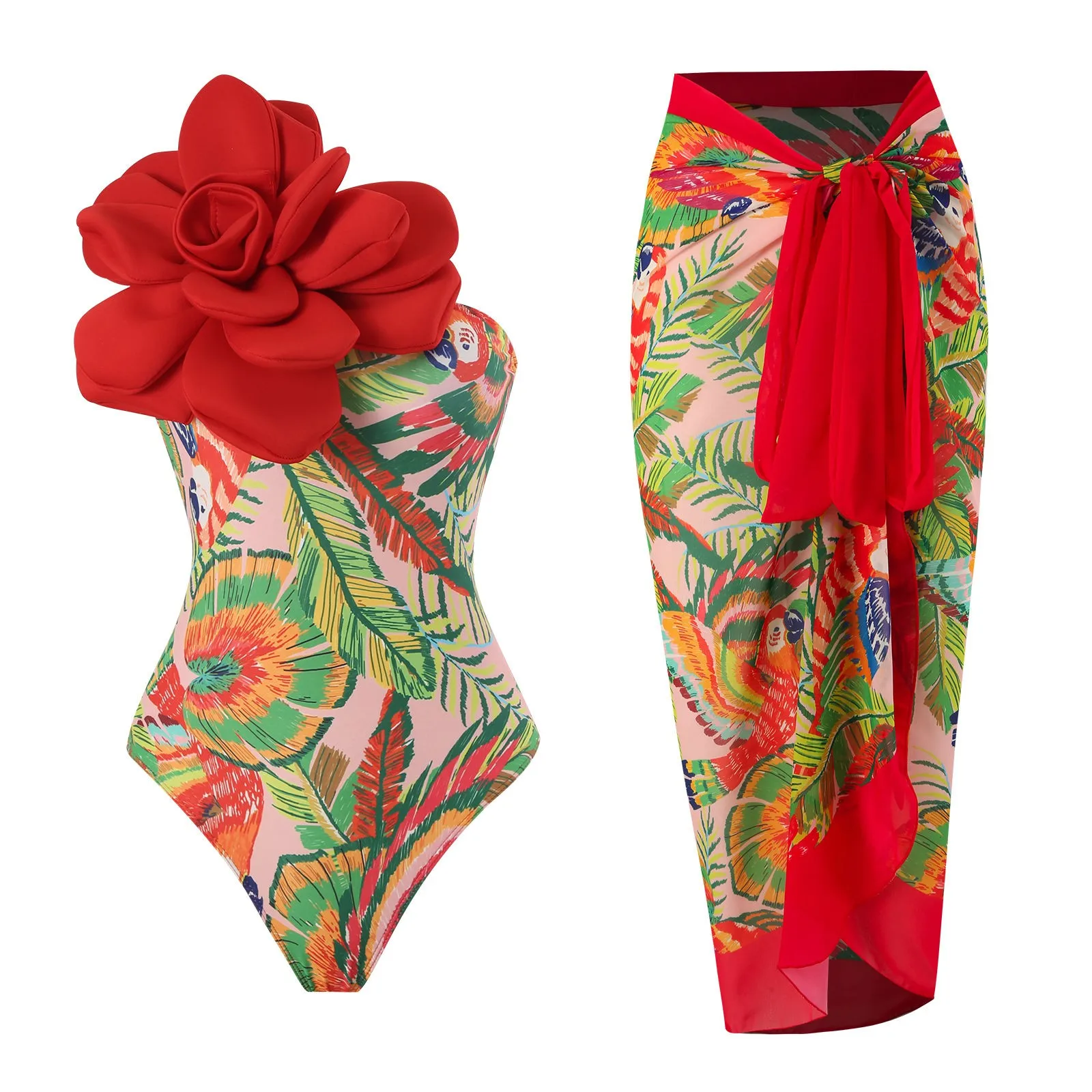 Summer Beach Skirt Set Red One-shoulder Ruffled Print Floral Swimsuit Set Cover Up Skirt Set Micro Monokini Sexy Swimwear For Gi