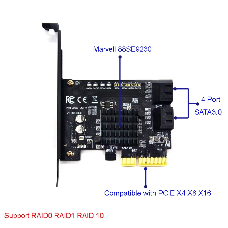 PCI Express Raid Card 4Port SATA 3.0 Add On Card Marvell 88SE9230 Chipset Compliant with PCI-E Specification revision 2.2 for PC