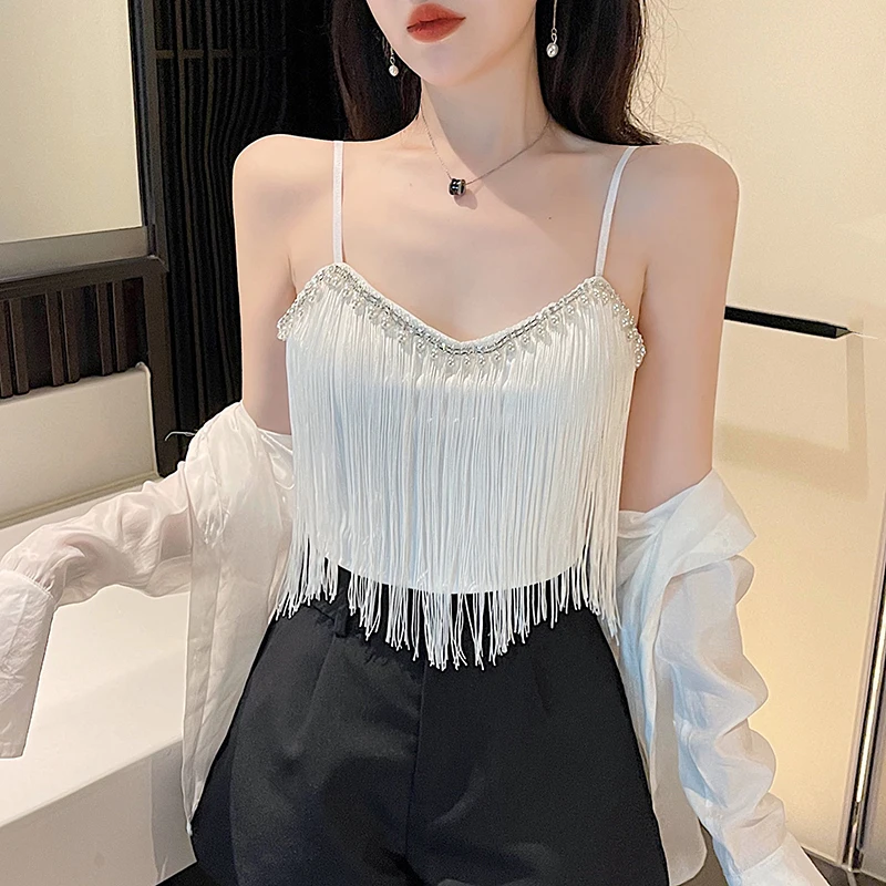 2023 Tassel Beading Mini Camis Off Shoulder Backless Sleeveless Slim Women Summer Fashion Hight Waist Sweet Sexy Top