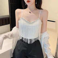 2023 Tassel Beading Mini Camis Off Shoulder Backless Sleeveless Slim Women Summer Fashion Hight Waist Sweet Sexy Top