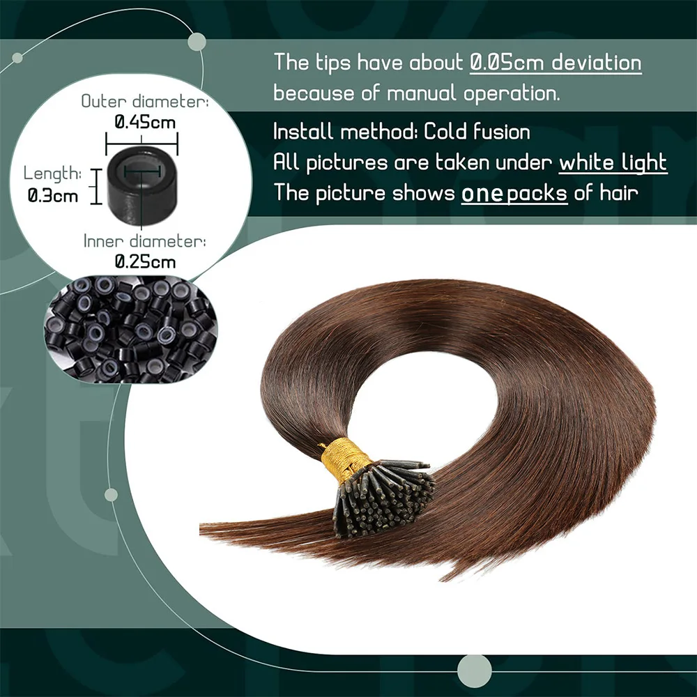 KerBrian-Extensions de cheveux humains naturels, I Tip, Vrais cheveux humains, 14 "-24", Brun foncé, #2, 100 Brins par paquet, 50g