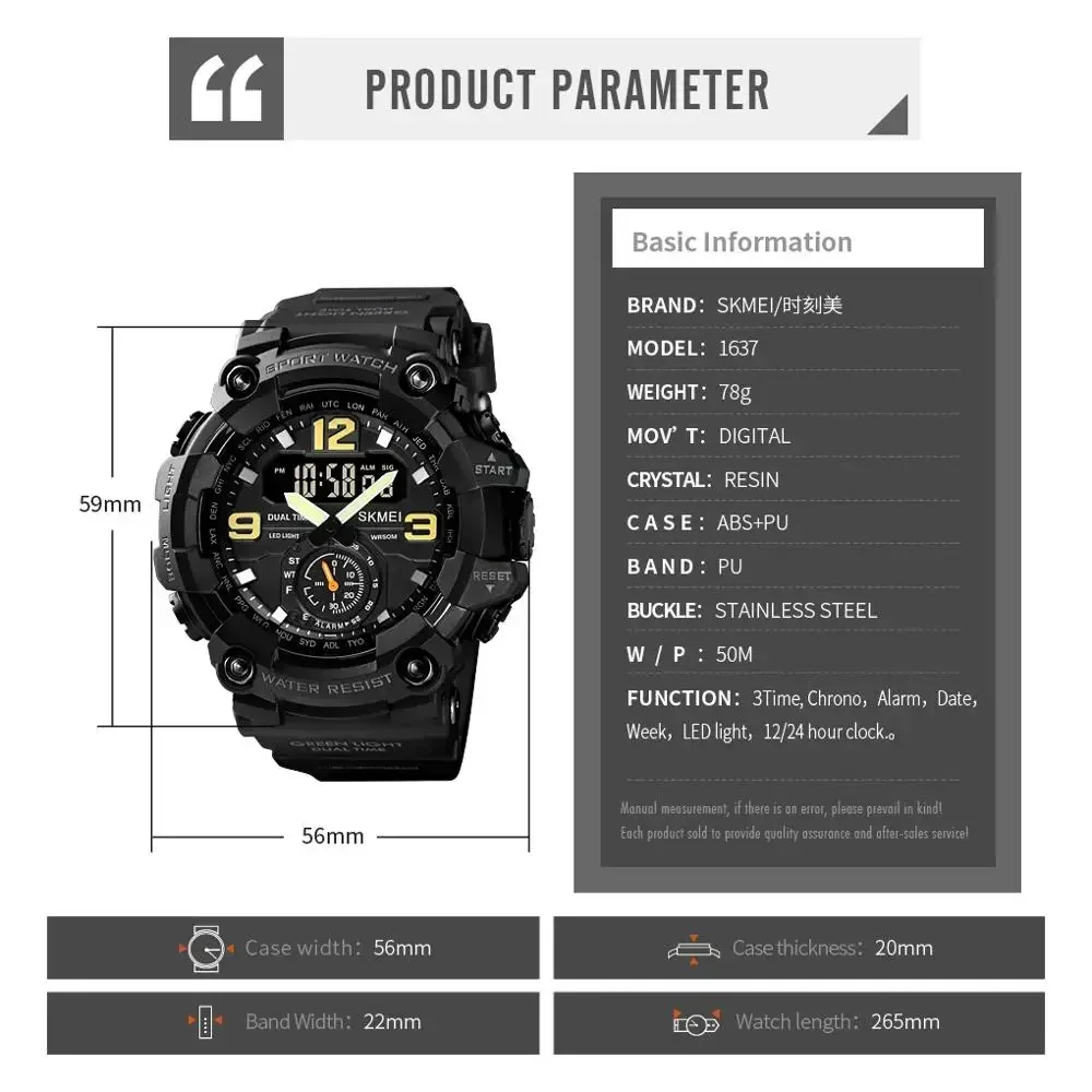 Skmei Mens Waterproof Electronic Watches Montre Homme Shockproof Digital Men Watch 1637 Dual Movement 3 Time Sport Wristwatch