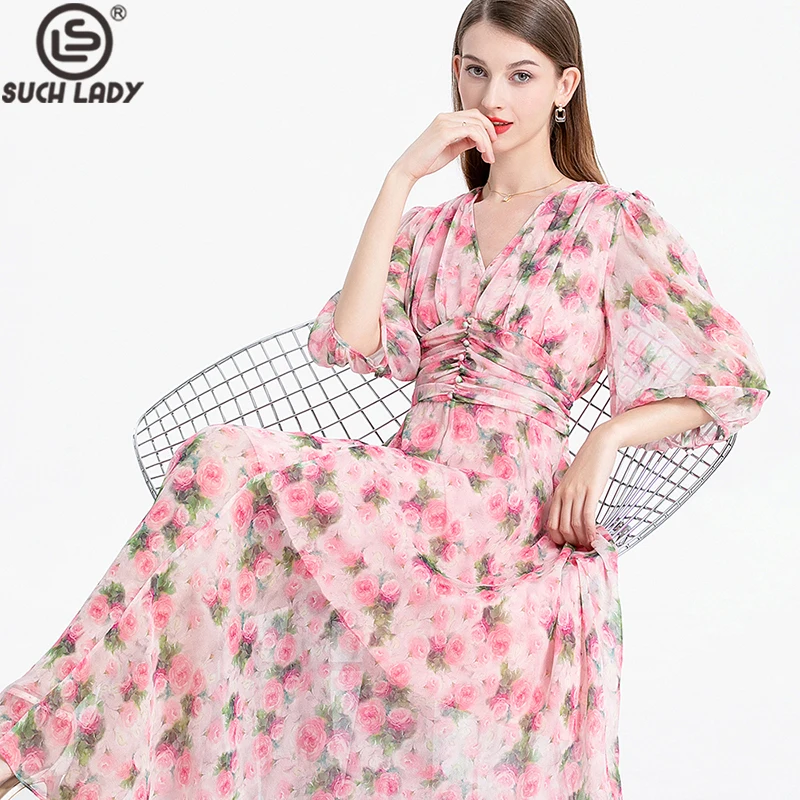 

100% Natural Silk Dress Women's V Neck 3/4 Sleeves Fashion Designer Floral Printed Mid Vestido