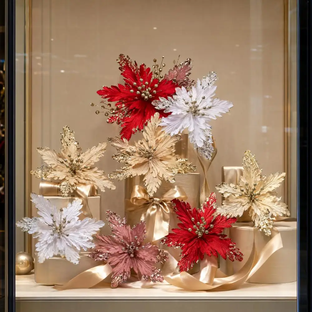 Bendable Stem Artificial Christmas Flowers with Gold Powder Beads Multi-Layer Fabric Petals Glitter Decor for Home Shop Window