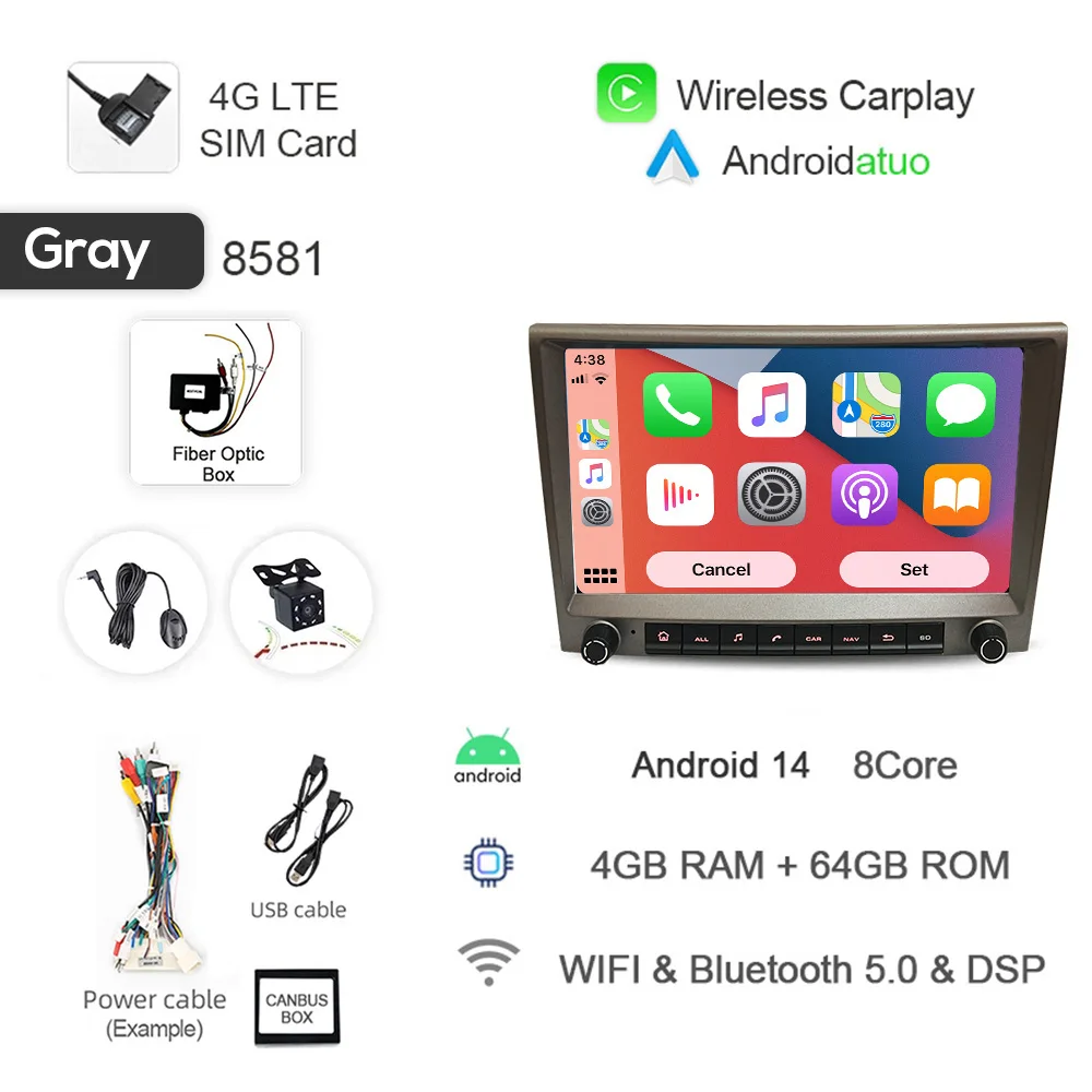 Grijs 720P Auto Android 14 Voor Porsche Cayman 911 987 Boxster 997 CarPlay Autoradio GPS Multimedia navigatie 4GB Bluetooth Wifi