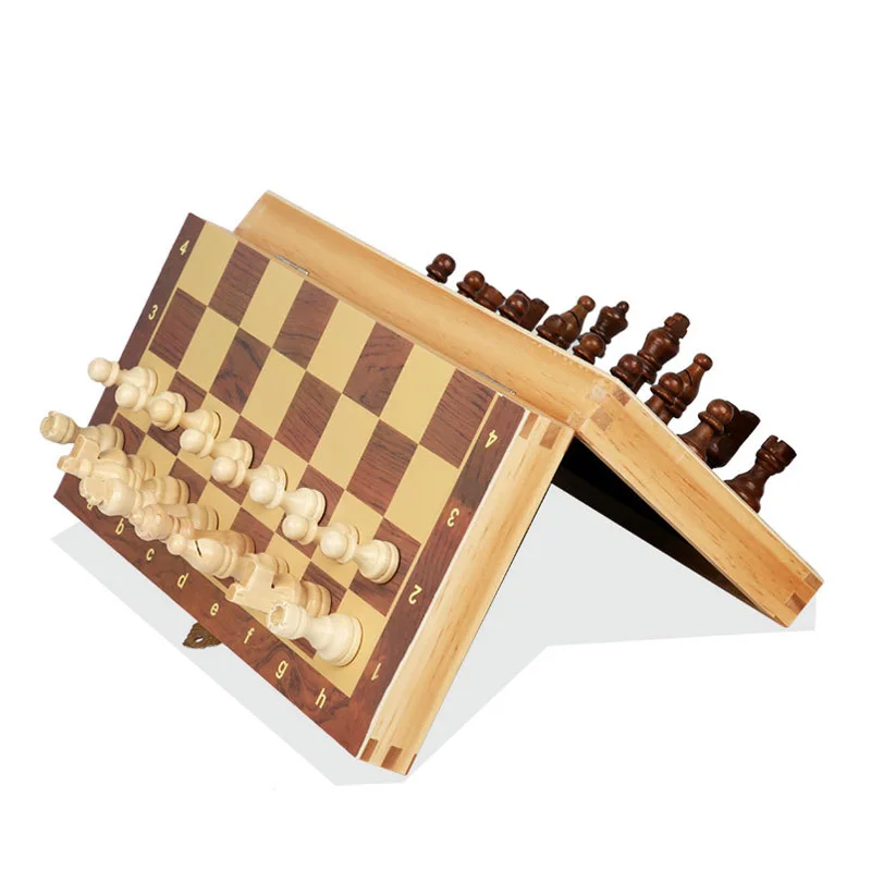 Wooden Chess Set Folding Magnetic Large Board With 34 Chess Pieces Interior For Storage Portable Travel Board Game Set For Kid