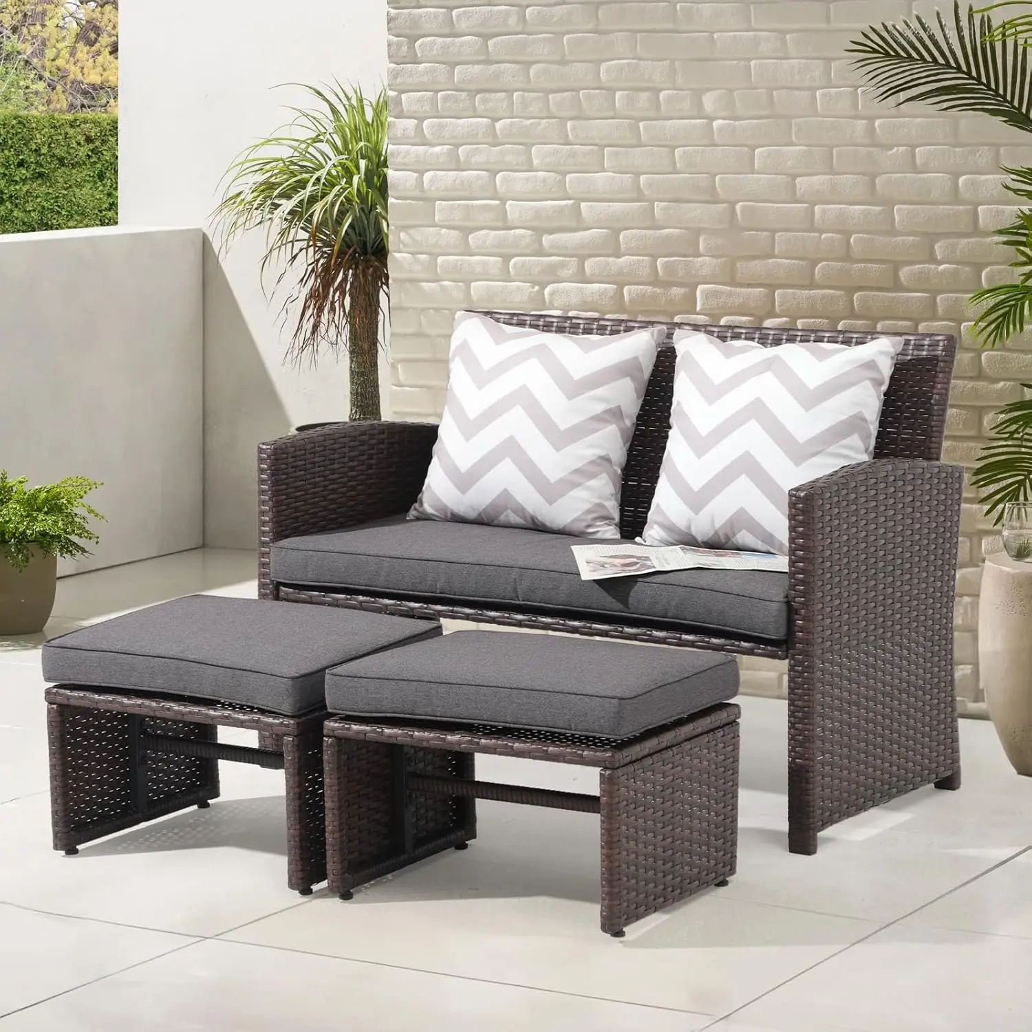 3 Piece Outdoor Patio Furniture Set for All-Weather Use, Wicker Loveseat with Ottoman/Side Table, Brown Rattan, Dark Grey
