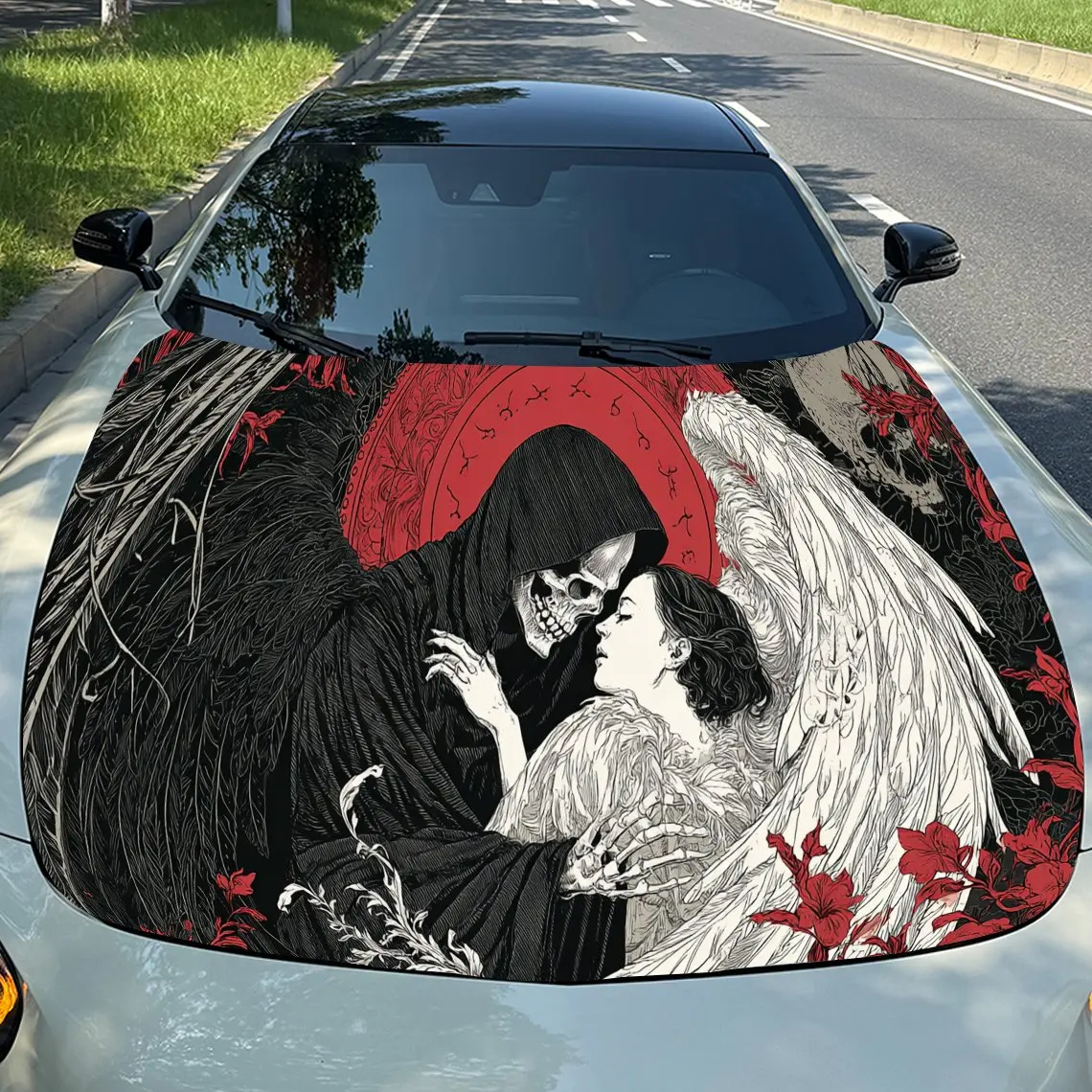 

Romantic Dark Kiss Angel Girl PVC Car Hood Wraps, Self-Adhesive Waterproof Car Bonnet Decal Sticker, Car Decoration Protection S