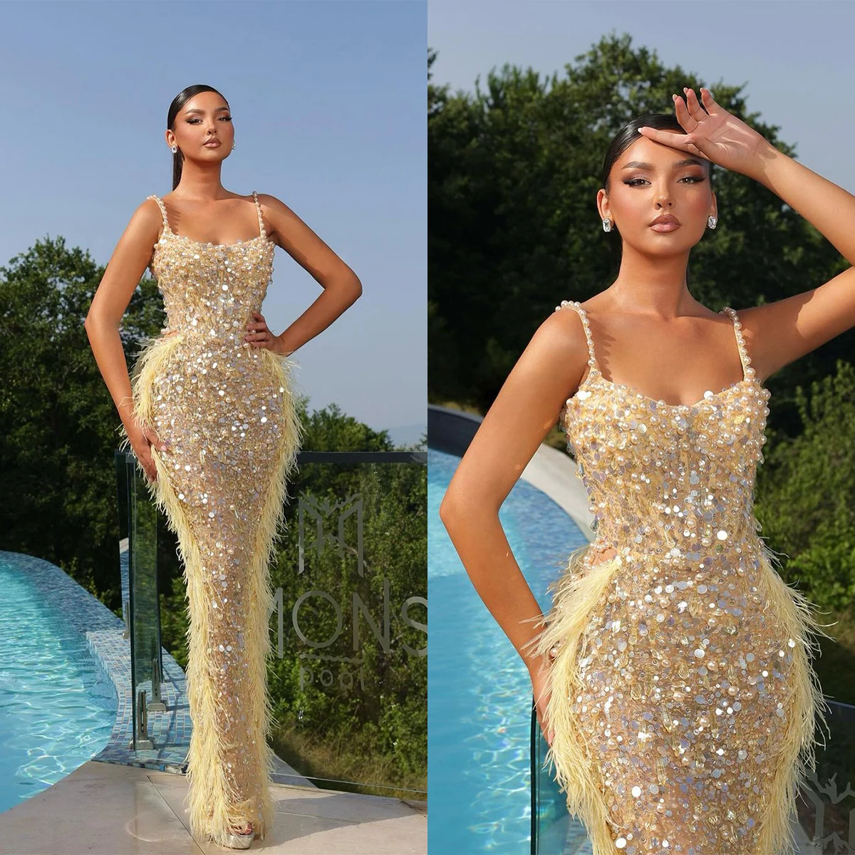 

Exquisite Prom Dresses Pearls Sequins Feather Crystal Spaghetti Straps Mermaid Evening Gowns Custom Made Robe De Soirée