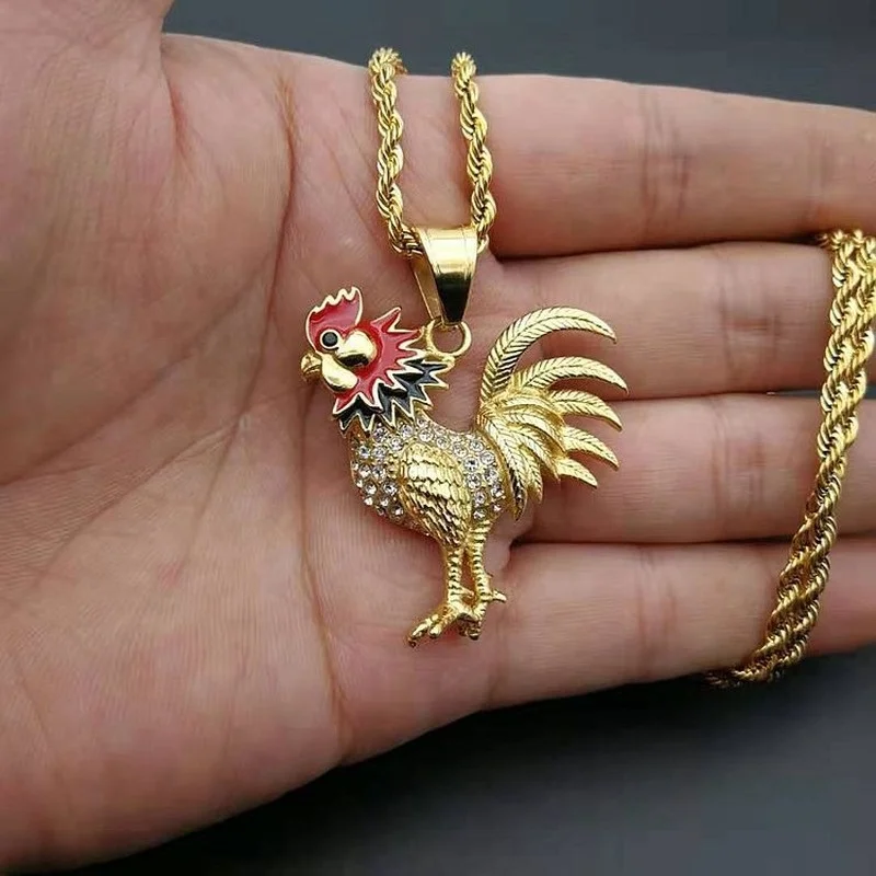 Animal Punk Hip-Hop Titanium Steel Necklace Gold-Plated Rhinestones Necklace Rooster Pendant Necklace 12 Zodiac Accessories