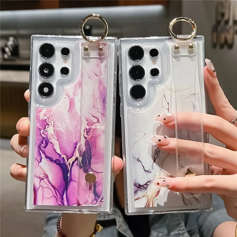 Marble Stone Phone Holder Wrist Strap Case for Samsung S24 Ultra A55 15 25 35 54 14 24 34 53 13 23 33 32 52 S23+ S22 S20 S21 FE