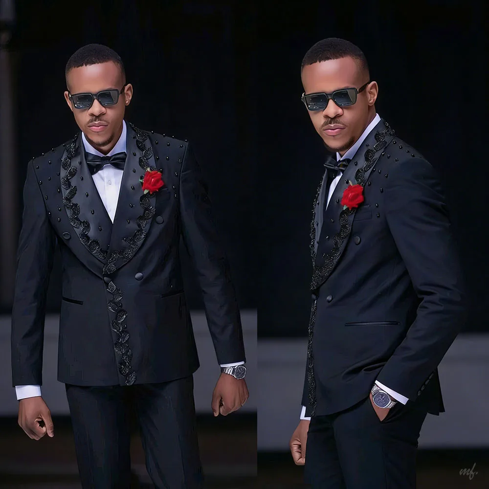 

Modern Men's Suit 2 Pieces Blazer Pants Beads Sequins Appliques Business Formal Work Wear Wedding Groom Customized Costume Homme