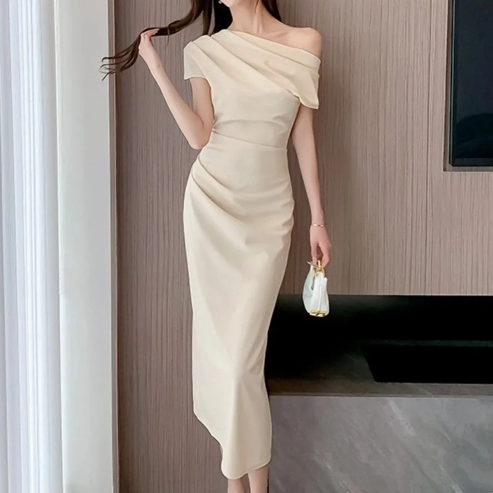 فستان طويل مائل الكتف طويل بلون مزاجه سليم صالح تنورة طويلة البيج المشمش قبالة الكتف فستان النمط الكوري #2