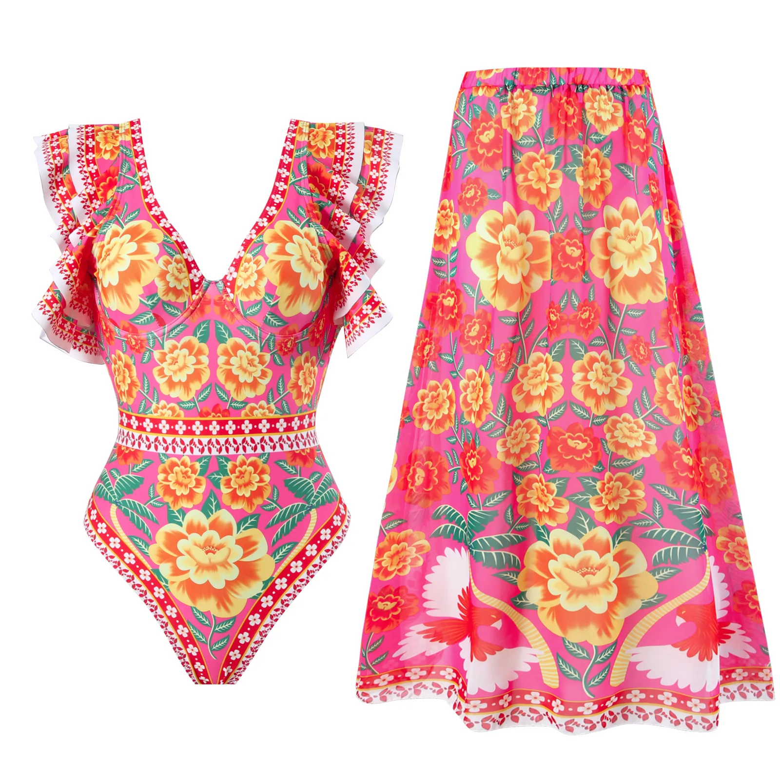 Um ombro com babados estampa floral conjunto de maiô, biquíni encobrir peça única micro monokini, swimwear sexy para meninas, praia de verão