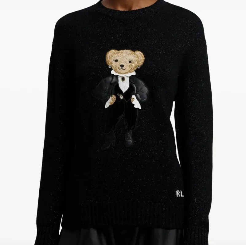 

New Women's Cute Bear Embroidered Knit Sweater Oversized Soft Cozy Casual Loose Fit Round Neck Long Sleeve Pullover for Autumn