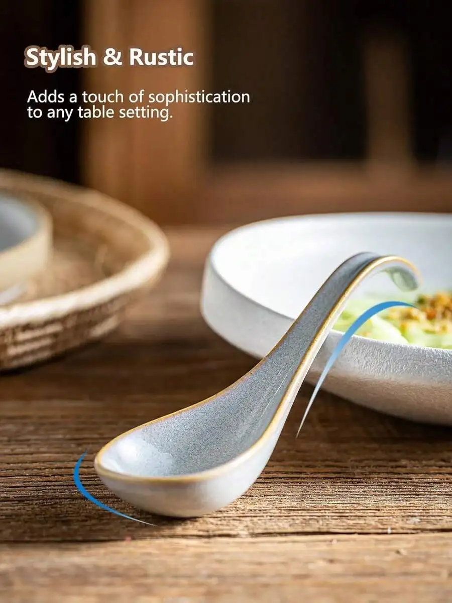 

Ceramic Asian Soup Spoon 6.5 Inch Long Handle Deep Oval For Ramen Pho Noodles Stews Set Of 6
