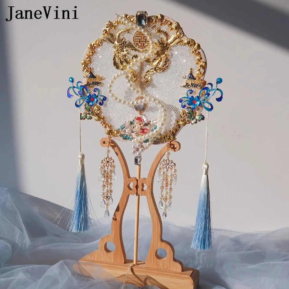 JaneVini Blue Chinese Style Bridal Fan Pearls Tassel Butterefly Bride Hanfu Hand Fan Wedding Bouquet Matrimonio Ramo Flores Boda