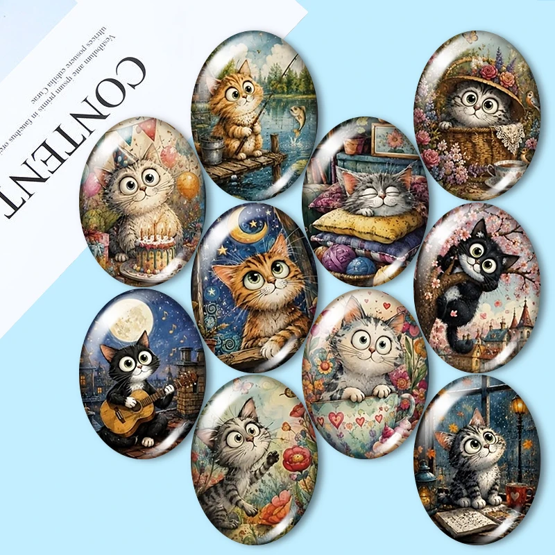 Whimsical Cats   10pcs mixed 13x18mm/18x25mm/30x40mm Oval photo glass cabochon demo flat back Making findings