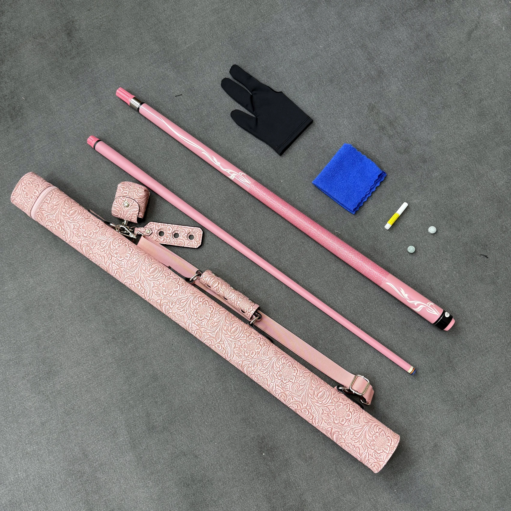 

Black Tech Pool Cue with Unique Design Pattern, 12.5mm Tip, Pink Hand Wrapped Grip, Glossy Paint Finish, with Embossed Pattern C