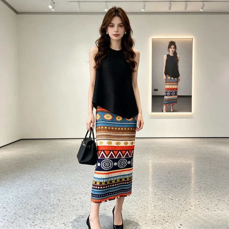 Miyake Pleated 2026 New Summer Pleated Skirt Bohemian Ethnic Style Fashion Print High Waist Straight One-Step Skirt Versatile