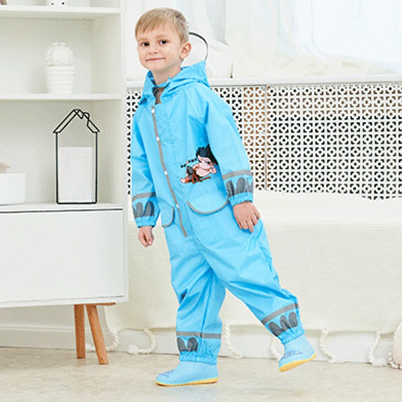 Children Raincoat Cartoon For Kids One Piece Rain Suit With Zipper & Buckle Closure Unisex Adjustable Waist Elastic Cuff