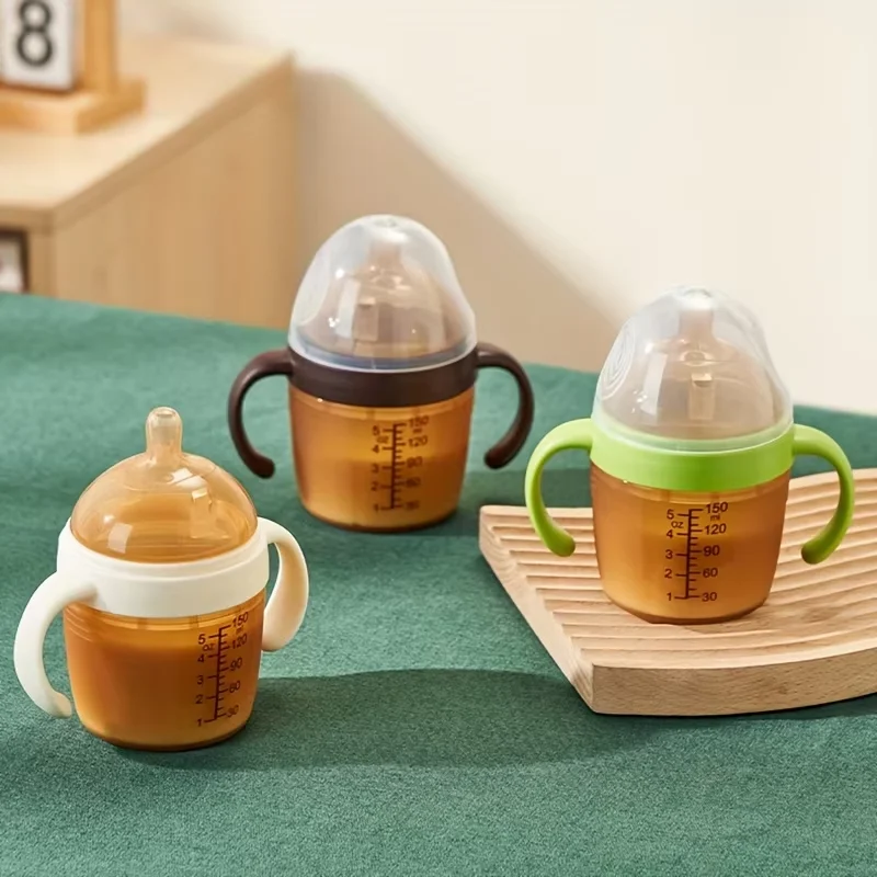 

Силиконовая детская бутылочка с ручкой для новорожденных, антиколиковая, с успокаивающей соской, эргономичный дизайн для младенцев