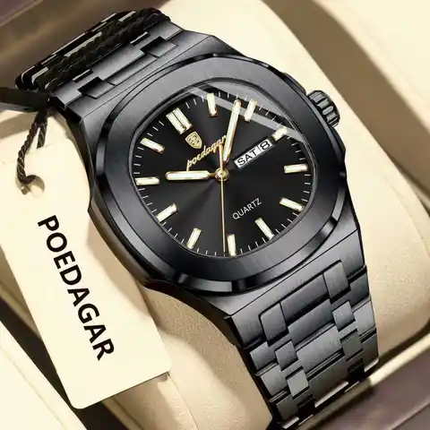 POEDAGAR Luxus Platz herren Uhren Wasserdicht Leucht Datum Woche Männer Uhr Edelstahl Mode Quarz Mann Armbanduhr Reloj