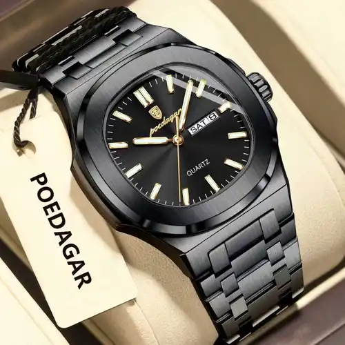 Imagen 1 del producto POEDAGAR, relojes cuadrados de lujo para hombre, Reloj luminoso resistente al agua con fecha y semana para hombre, Reloj de pulsera de cuarzo a la moda de acero inoxidable para hombre