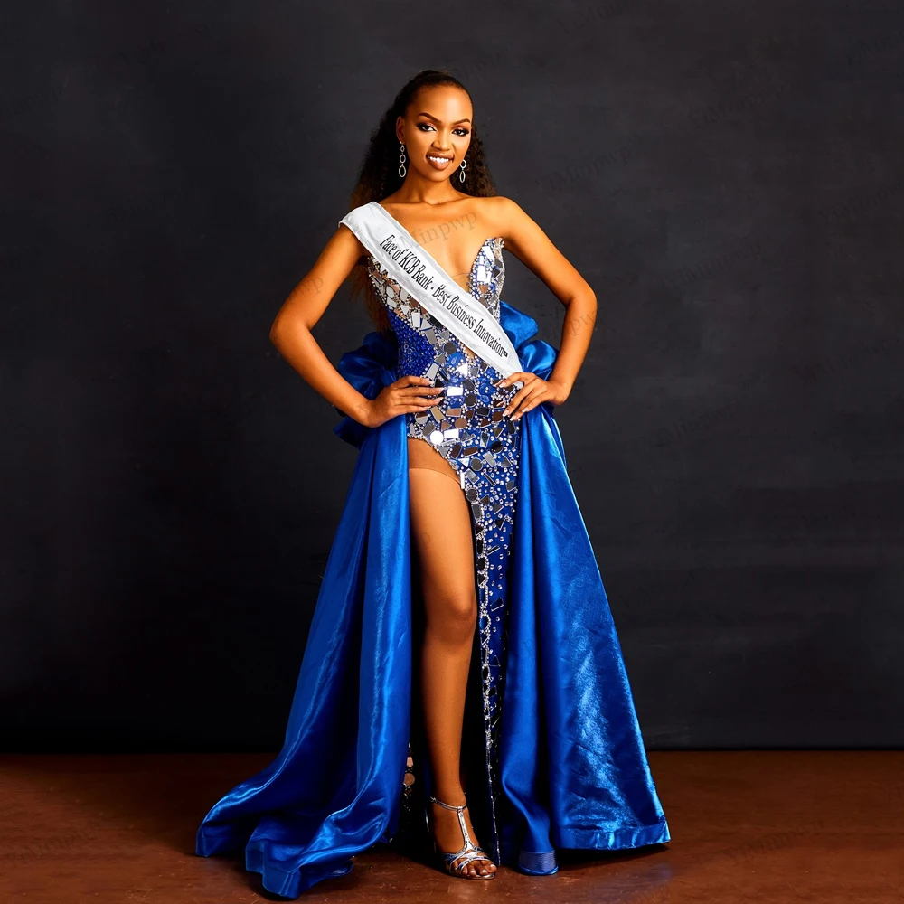 Afrika Zeemeermin Split Avondjurken V-hals Mouwloze Formele Avondjurk Bruiloft Jurk Afneembare Trein Aangepast