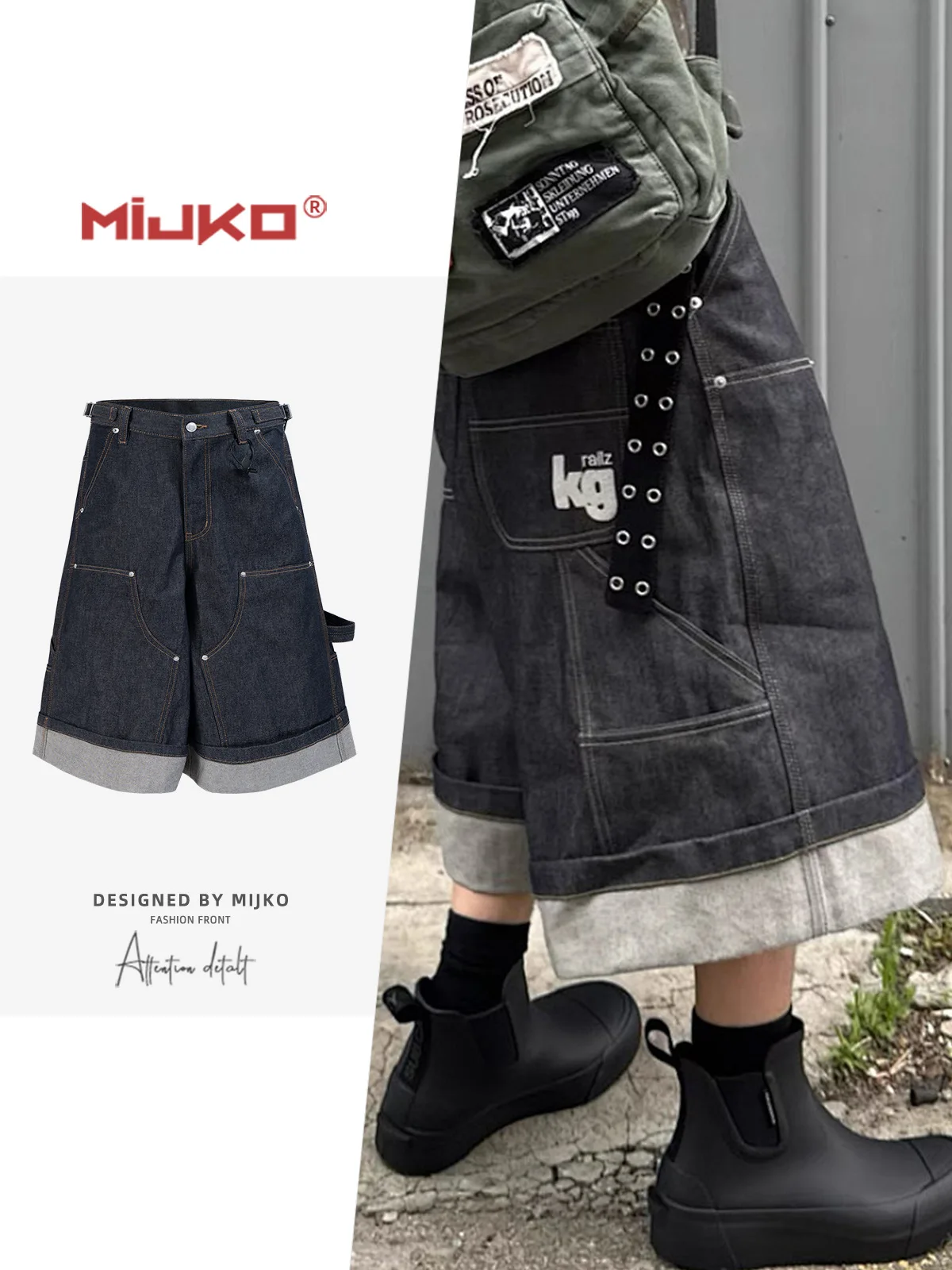

MIJKO Men's and Women's New Original Cattle Logging Seven-Part Over-the-Knee Shorts Unisex Color-Block Folded ZJ142