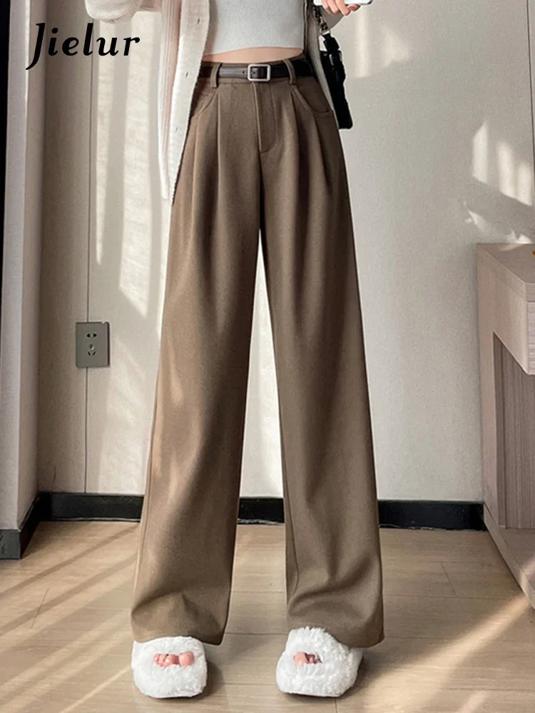 Jielur Khaki Loose Winter Casual Women's Pants Office Lady Straight High Waist Thick Slim Simple Fashion Female Wide Leg Pants