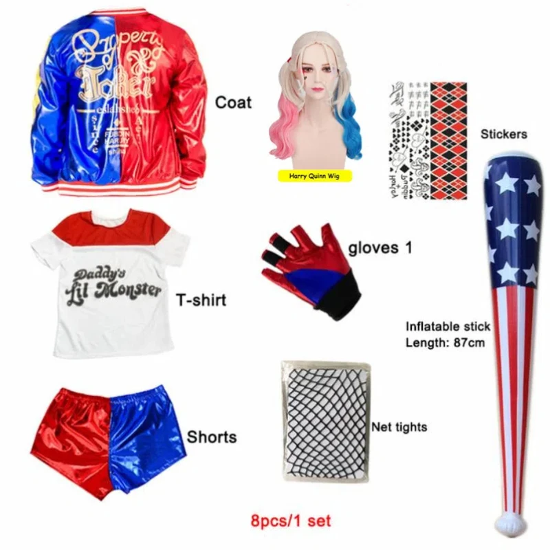 Halloween Kids Zelfmoord Harley Cosplay Kostuums Squinn Monster Jasje Broek Meisjes Kerstfeest Uniform Met Pruik Handschoenen