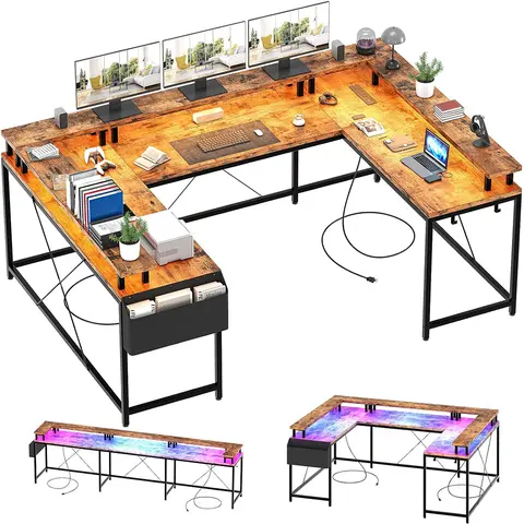 U Shaped Gaming Desk with Monitor Stand Storage Shelves, Corner Computer Desk with 2 Power Outlet,Adjustable RGB Color LED Light