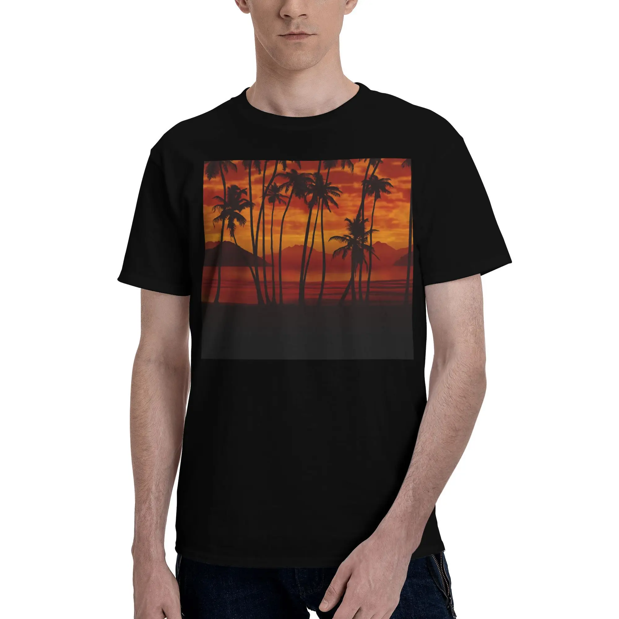 Camiseta de manga para hombre, siluetas de palmeras contra un cielo rojo y naranja dramático, novedad de 2025