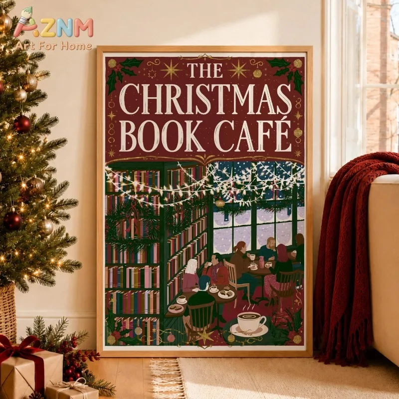 Christmas Book Cafe Canvas Wall Art Winter Scene Art Print for Library Kitchen Holiday Home Wall Print Unframed Canvas Poster