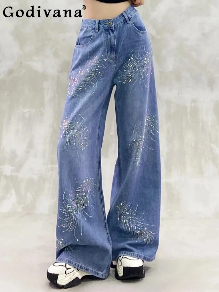 

Блестящие цвета, горячие бриллиантовые синие джинсы для отдыха, уменьшающие возраст, женские летние новые свободные универсальные прямые широкие брюки с высокой талией