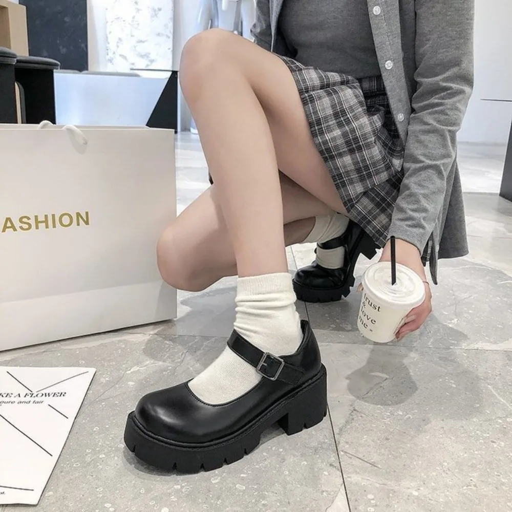 ماري جينس لوليتا JK أحذية من الجلد بولي Leather جلد الكاحل مشبك حذاء فردي غير رسمي لامع/ماتي منصة سوداء عالية الكعب أحذية سيدة