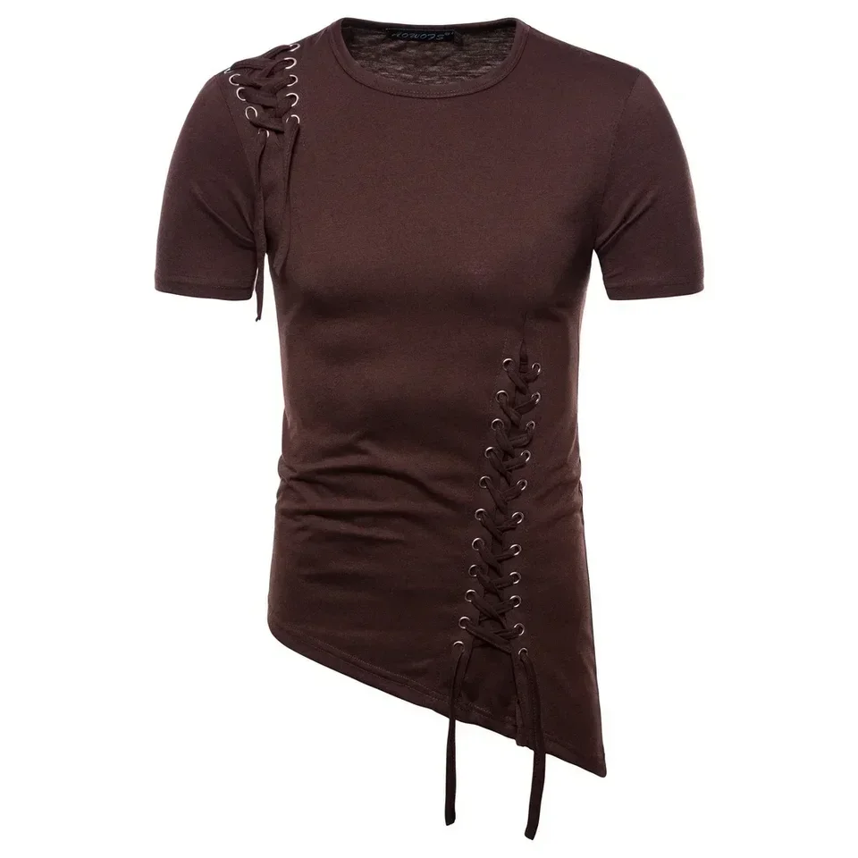 New Men's Summer Short Sleeve T-shirts Trend Irregular Design Lace Up Solid Slim Tees Fashion Gothic Style Casual Shirts Men