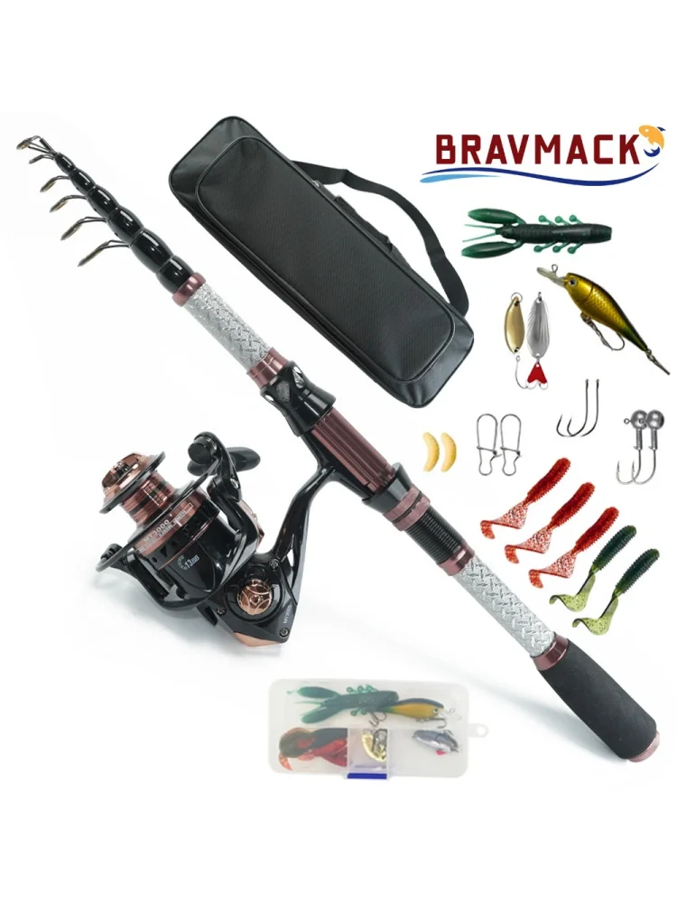 BRAVMACK 2.4M Portable Fishing Rod & MT3000 Spinning Reel Combo - Complete Kit with Accessories for Travel & Outdoor Fishing