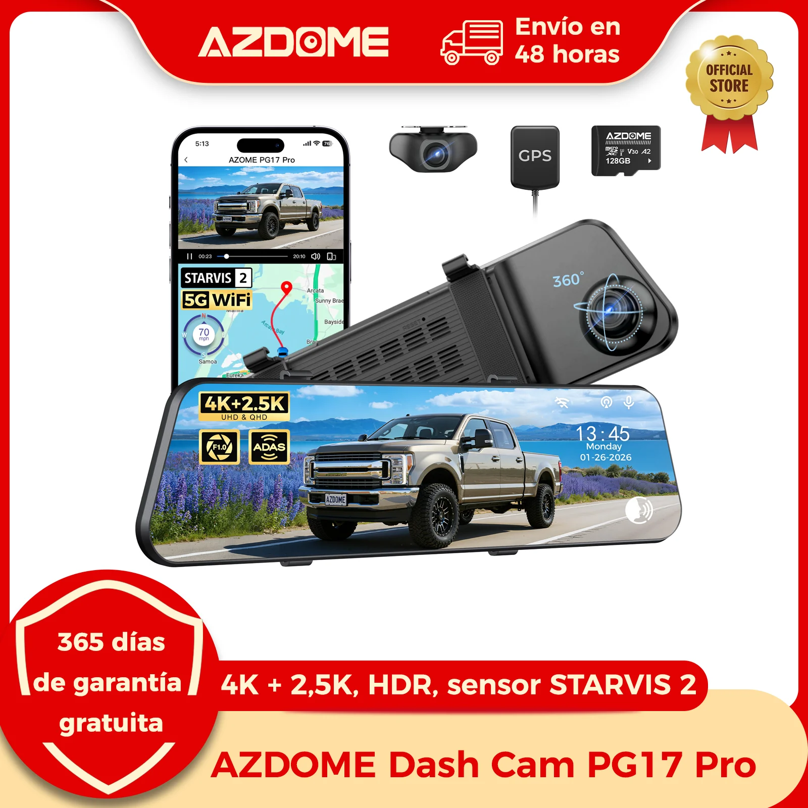 Azdome Pg17 Pro 4K + 2,5 K Cámara De Salpicadero Retrovisor 12 «Pantalla Táctil Hdr Cámara De Espejo Retrovisor Con Starvis 2 5G Wifi Flujo Medios Coche Dvr — -57%, 256.11€ Coupon, from 190.69€ – 57% descuento – €190.69