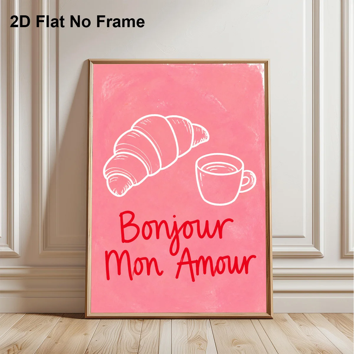 2027,2D Flat, 2D Flat, Frameless Canvas Poster, Pink French Breakfast Croissant And Coffee Cup Bonjour Mon Amour Wall Art Can