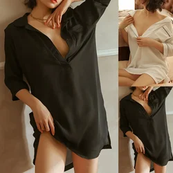 Boyfriend Style Womens Sexy Sleepwear Shirt Dress T Back Nightwear Female Deep V Neck Short Sleeve Perspective Pajama Nightdress