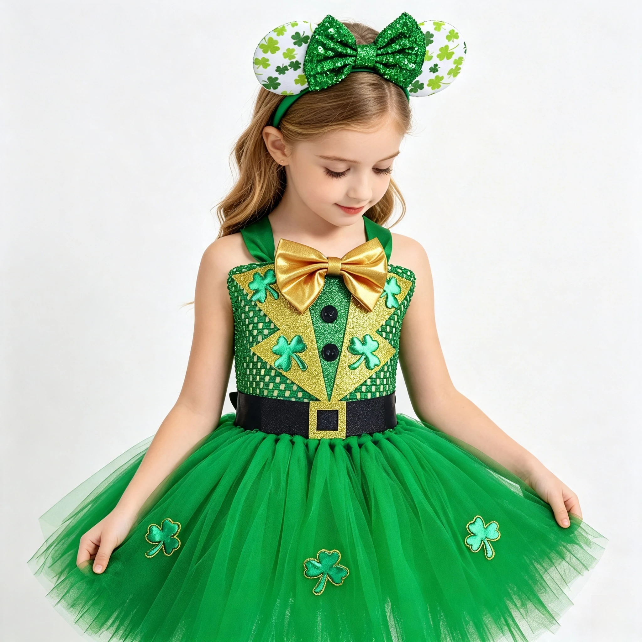 Girls Green Tulle Tutu Dress Clover Embellished Outfit St Patricks Day Party Gathering Kids Festive Attire with Sequin Headband
