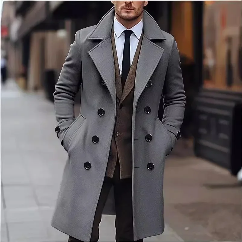 Business Gentleman Casual Woolen Coat for Autumn and Winter Double-breasted Lapel Warm Coat for European and American Young Men