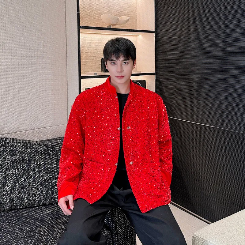 Новый китайский мужской костюм Jaet со сверкающими блестками Zhongan для молодых взрослых, новогоднее помолвочное красное пальто в стиле вестерн Sle