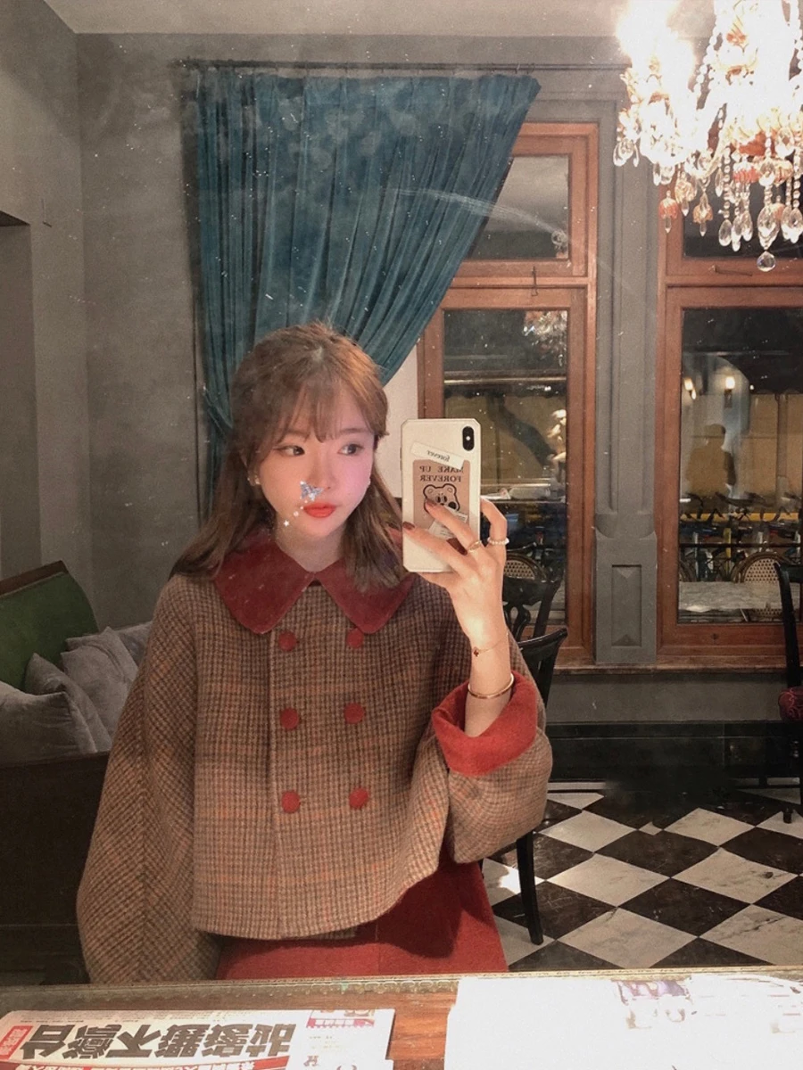 

Scarlett Coat Heavyweight Retro Sweet ort Outerwear Korean Sle Woolen Long Sve Button Plaid Design for Commute